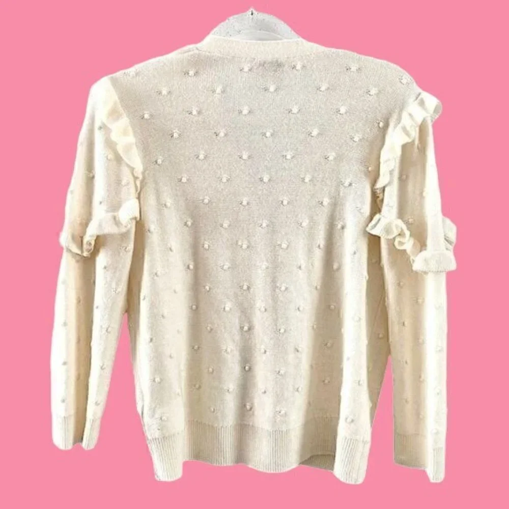 Kate Spade Cardigan Wool Blend Ruffle Pom Pom Ivory xs new retail $268_3